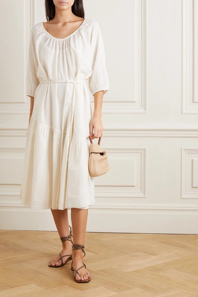 Shop Apiece Apart Matira Belted Checked Cotton-voile Midi Dress In Ecru