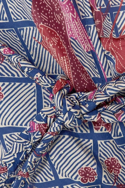 Shop Apiece Apart Chabrol Ruffled Floral-print Silk-satin Wrap Top In Blue