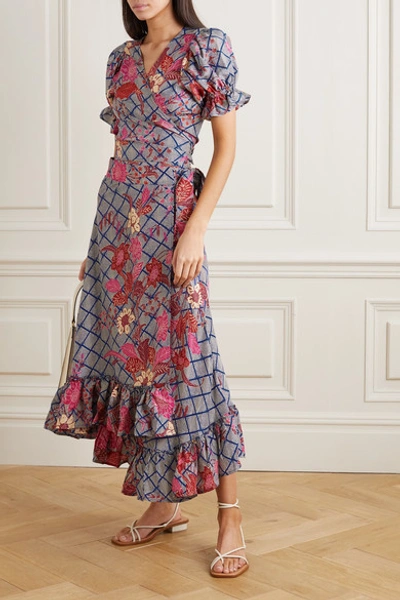 Shop Apiece Apart Feliz Ruffled Floral-print Silk-satin Wrap Midi Skirt In Blue