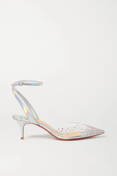 Shop Christian Louboutin Spikaqueen 55 Crystal-embellished Pvc And Iridescent Leather Pumps In Silver
