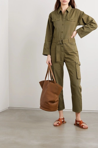 Shop Maje Belted Cotton-twill Jumpsuit In Army Green