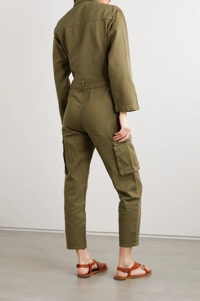 Shop Maje Belted Cotton-twill Jumpsuit In Army Green