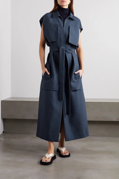 Shop The Row Jaan Belted Wool-blend Dress In Blue