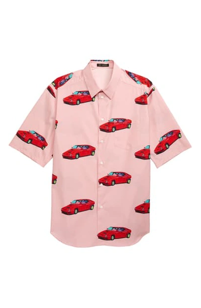 Shop Versace Racecar Print Short Sleeve Button-up Shirt In Pink