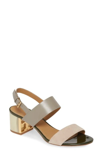 Shop Tory Burch Gigi T Logo Sandal In Gray Heron / Light Taupe