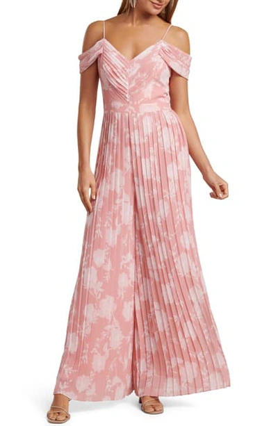 Shop Ever New Floral Pleated Off The Shoulder Jumpsuit In Coral Linear Spray