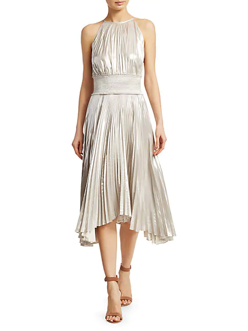 metallic pleated midi dress