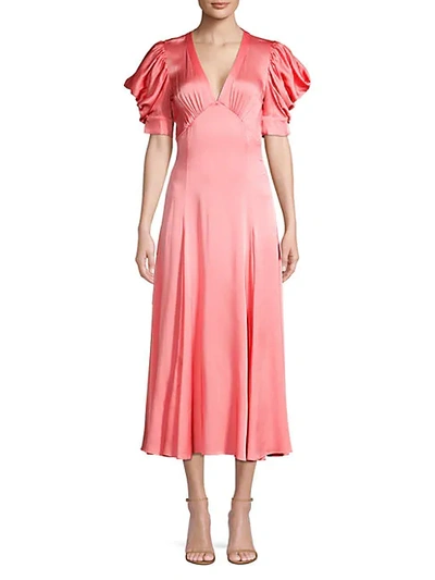 Shop Michael Kors Crushed Satin Puff-sleeve Midi Dress In Petal