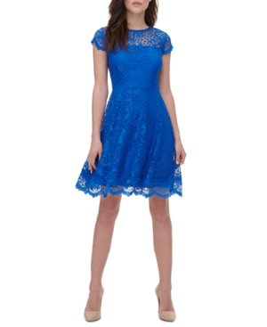 blue lace fit and flare dress