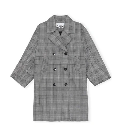 Shop Ganni Double Breasted Plaid Coat In Grey