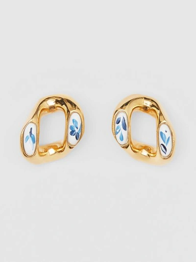 Shop Burberry Enamel Detail Gold-plated Chain-link Earrings In Light Gold/white/blue