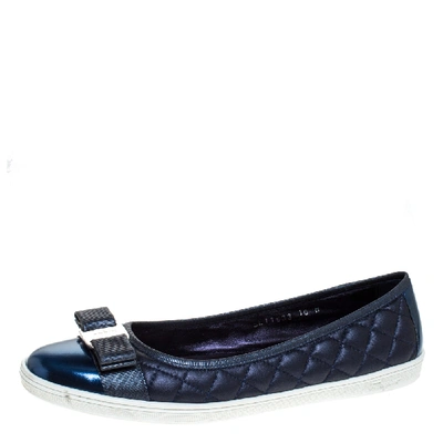 Pre-owned Ferragamo Metallic Blue Quilted Leather Bow Ballet Flats Size 40.5