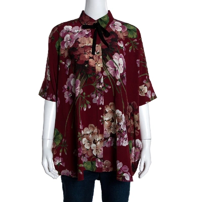 Pre-owned Gucci Maroon Silk Floral Printed Cape Shirt M In Burgundy