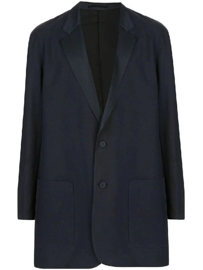Shop Julien David Navy Silk Long-line Blazer In Black