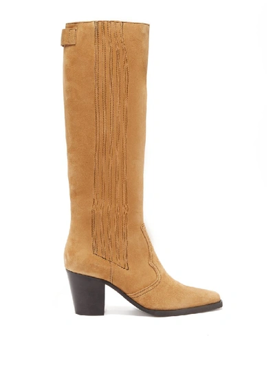 Shop Ganni Square-toe Suede Knee-high Boots In Brown