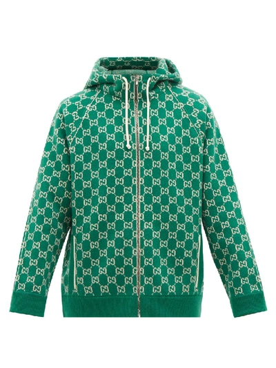 Shop Gucci Gg-jacquard Wool-blend Zip-through Hooded Sweater In Green