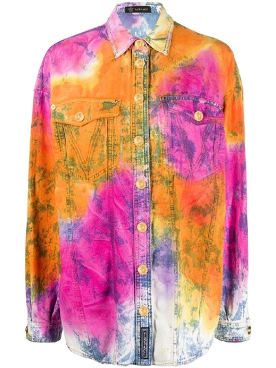 Shop Versace Tie-dye Denim Overshirt In Multicolor
