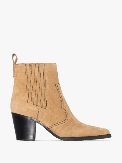 Shop Ganni Beige 70 Western Suede Ankle Boots In Brown