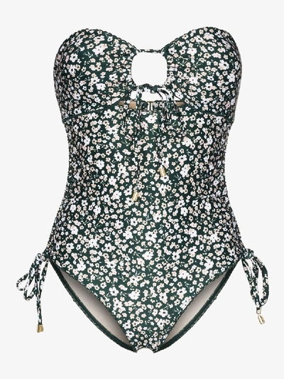 Shop Peony Petit Fleur Ruched Swimsuit In Green