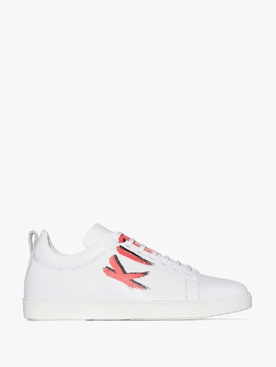 Shop Kiton White Logo Print Leather Sneakers