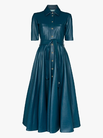 Shop Anouki Vegan Leather Flared Shirt Dress In Blue