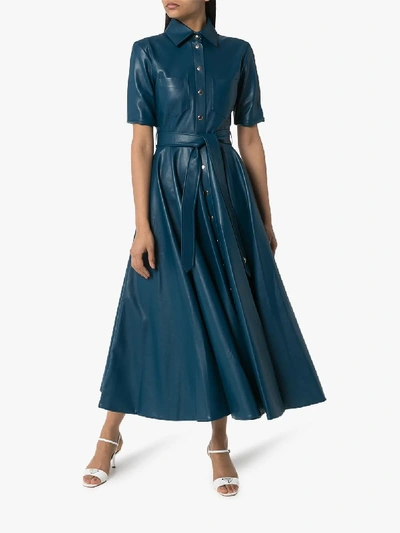 Shop Anouki Vegan Leather Flared Shirt Dress In Blue