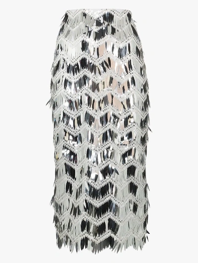 Shop Anouki Metallic Fringed Sequin Pencil Skirt In Silver