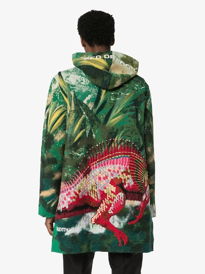 Shop Valentino Red Dragon Embroidered Hoodie In Green