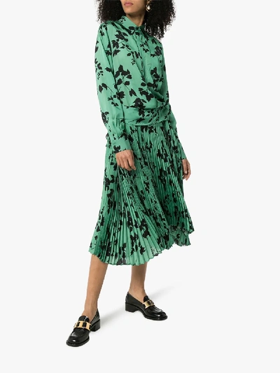 Shop Plan C Leaf Print Midi Shirt Dress In Green