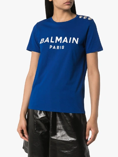 Shop Balmain Blue Logo Print Cotton T-shirt