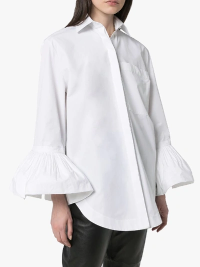 Shop Valentino Ruffle Cuff Cotton Poplin Shirt In White