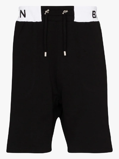 Shop Balmain Logo Waist Cotton Track Shorts In Black