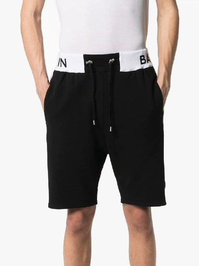 Shop Balmain Logo Waist Cotton Track Shorts In Black