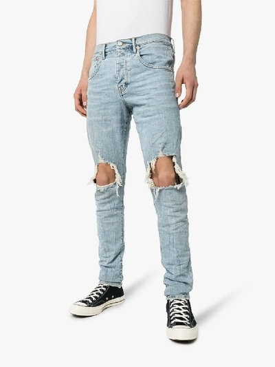 Purple Brand Mid Rise Tapered Jeans - Blue Over Spray Repair