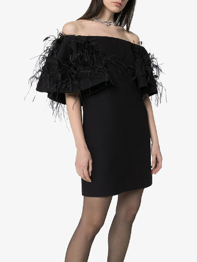 Shop Valentino Feather Embroidered Mini Dress In Black