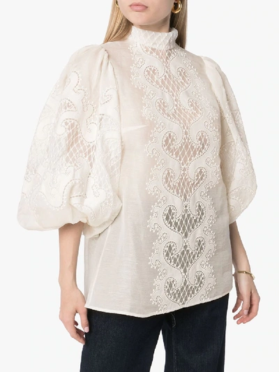Shop Zimmermann High Neck Balloon Sleeve Lace Top In White