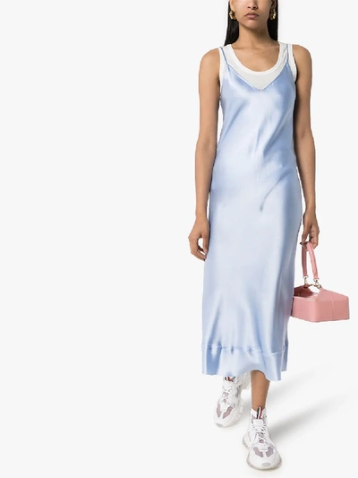 Shop Lee Mathews Stella Silk Slip Midi Dress In Blue