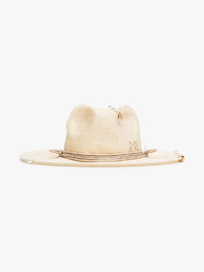 Shop Ruslan Baginskiy Neutral Pierced Chain Strap Straw Fedora Hat In Neutrals