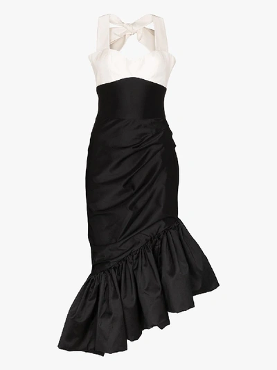 Shop Rasario Two Tone Ruffled Silk Midi Dress In Black