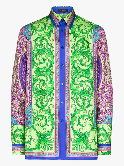 Shop Versace Baroque Print Silk Shirt In Green