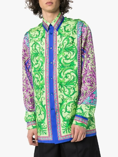 Shop Versace Baroque Print Silk Shirt In Green