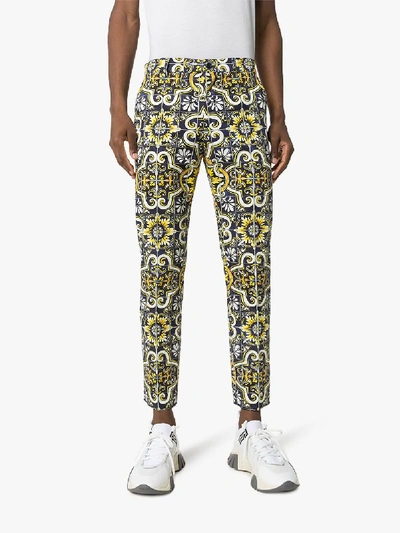 Shop Dolce & Gabbana Maiolica Print Tailored Trousers In Yellow