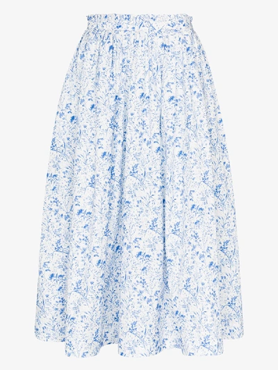 Shop Anouki Floral Print Gathered Cotton Midi Skirt In Blue