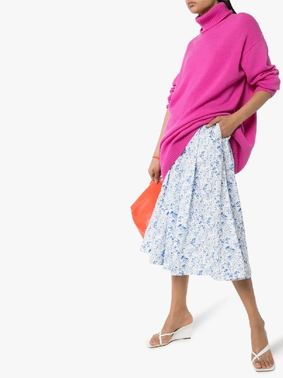 Shop Anouki Floral Print Gathered Cotton Midi Skirt In Blue