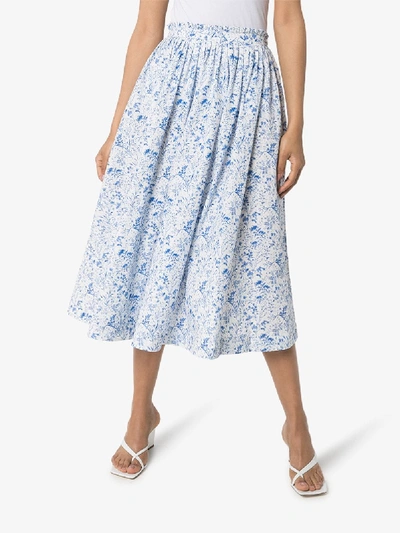 Shop Anouki Floral Print Gathered Cotton Midi Skirt In Blue