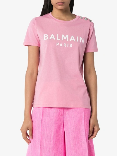 Shop Balmain Logo Print Cotton T-shirt In Pink