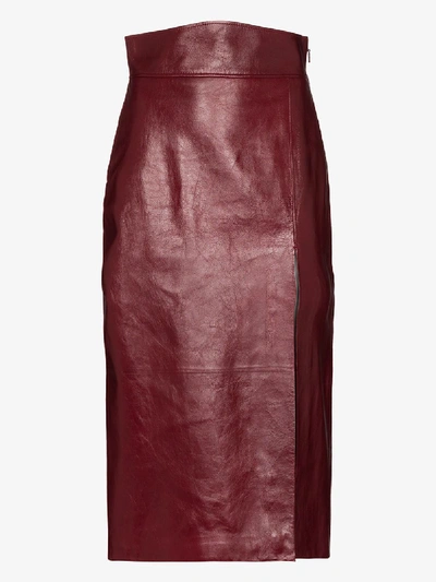 Shop Gucci Front Slit Leather Pencil Skirt In Red