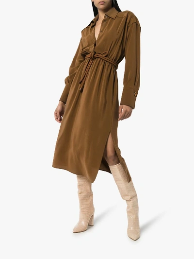 Shop Fendi Crêpe De Chine Silk Shirt Dress In Brown