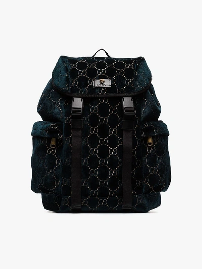 Shop Gucci Blue Monogram Logo Velvet Backpack