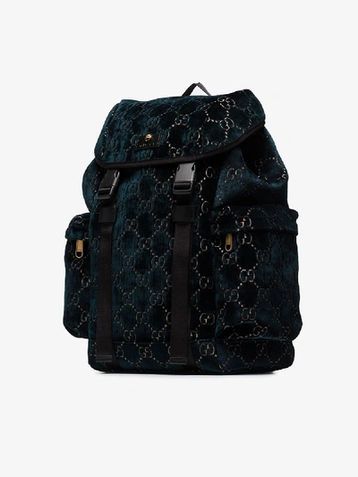 Shop Gucci Blue Monogram Logo Velvet Backpack